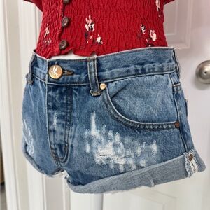 One Teaspoon Blue Jean Shorts Distressed Frayed Hem